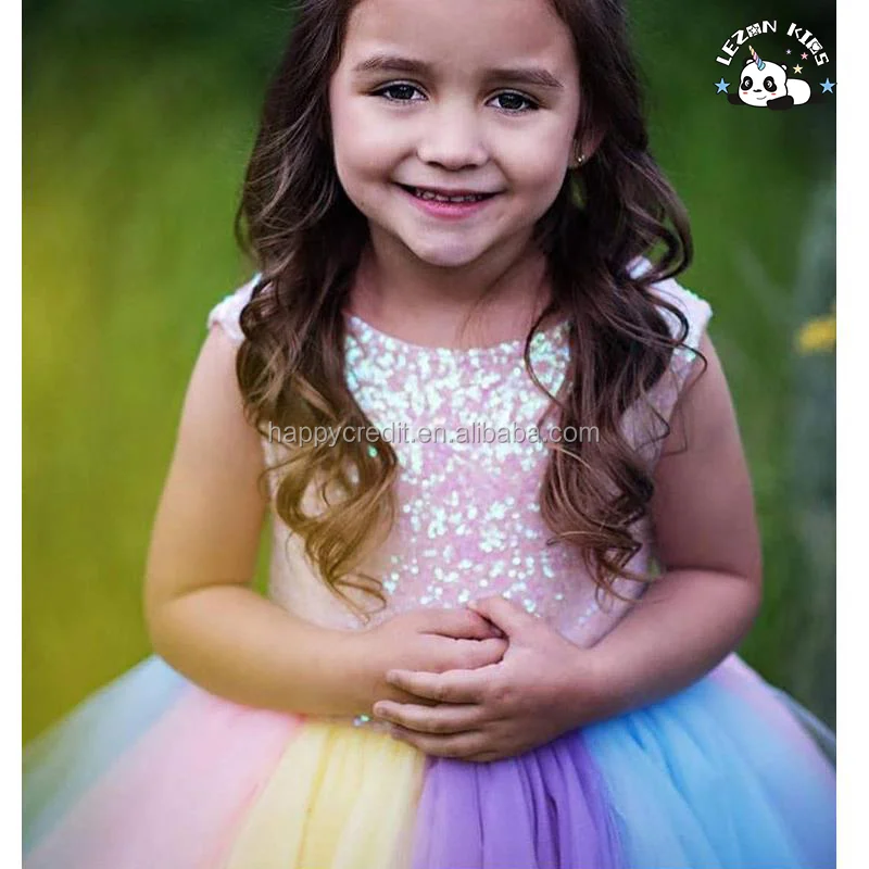 LEZONKIDS - Vestido Rosa de Lantejoulas para Meninas, Vestido de Malha Arco-íris para Festa Noturna, Vestido de Princesa para Crianças